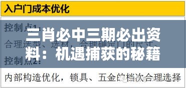 三肖必中三期必出资料：机遇捕获的秘籍指南